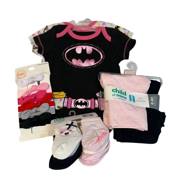 Warner Brother's Child Of Mine, Wonder Nation Other - New Born Baby Girl Bundle Batman One Piece Bodysuits Headbands Pants & Socks NWT